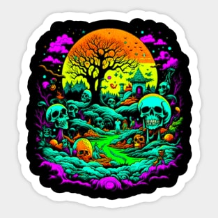 Magical Hut in Psychedelic Forest With Skulls, Macabre Sticker